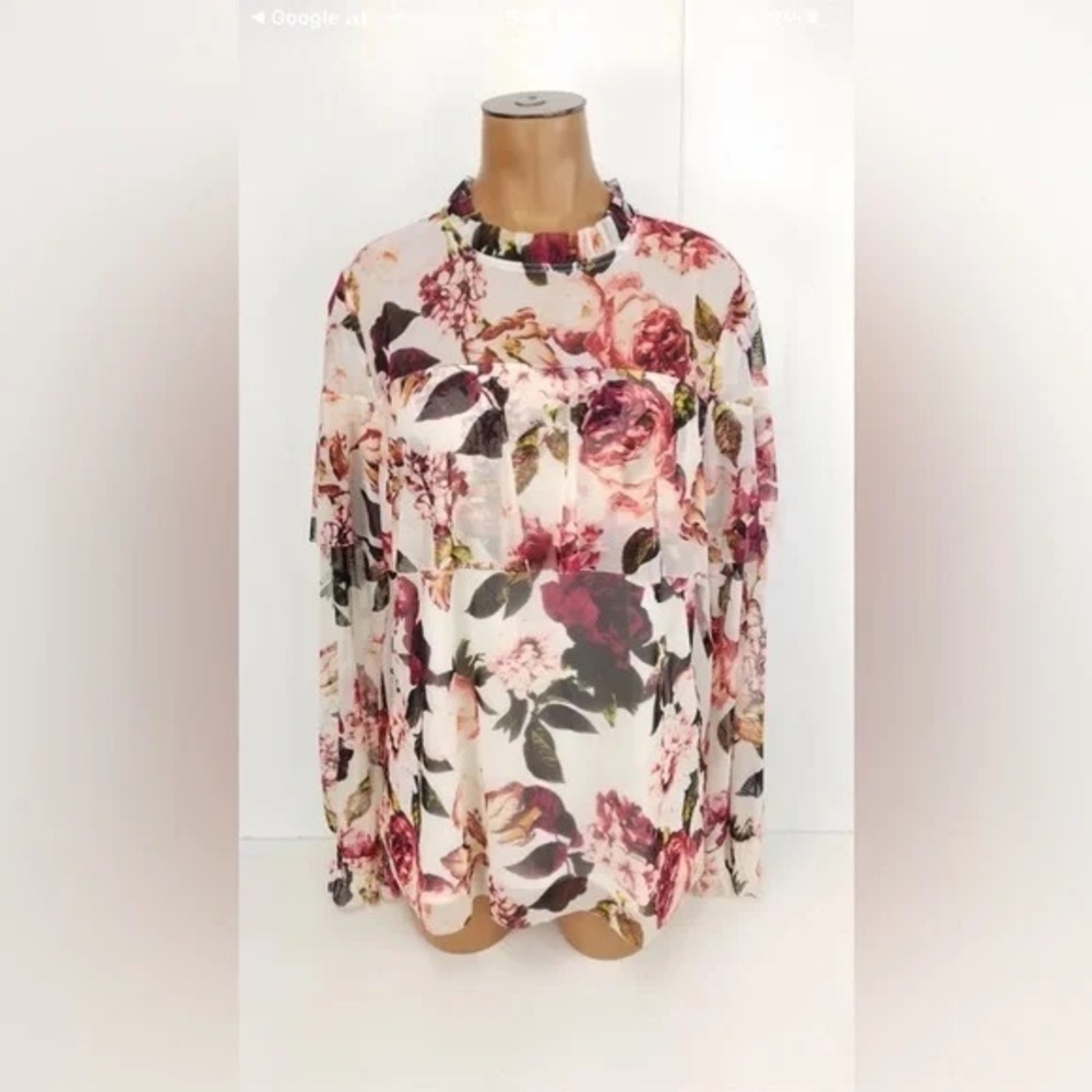 340. Worthington Odette Ruffled Tiered Floral Sheer Blouse